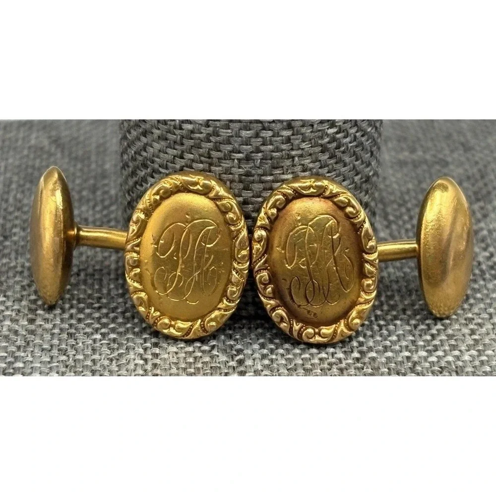 Vintage 14K Solid Yellow Gold Tone Victorian Cufflinks Ornate Etched Initials PA